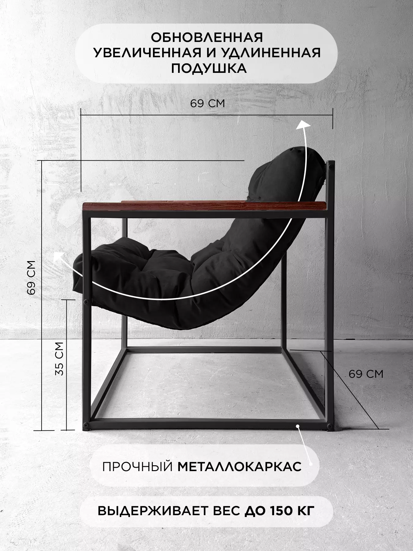 Кресло в стиле лофт Лофтовик комфи ++ черный велюр — фото 2