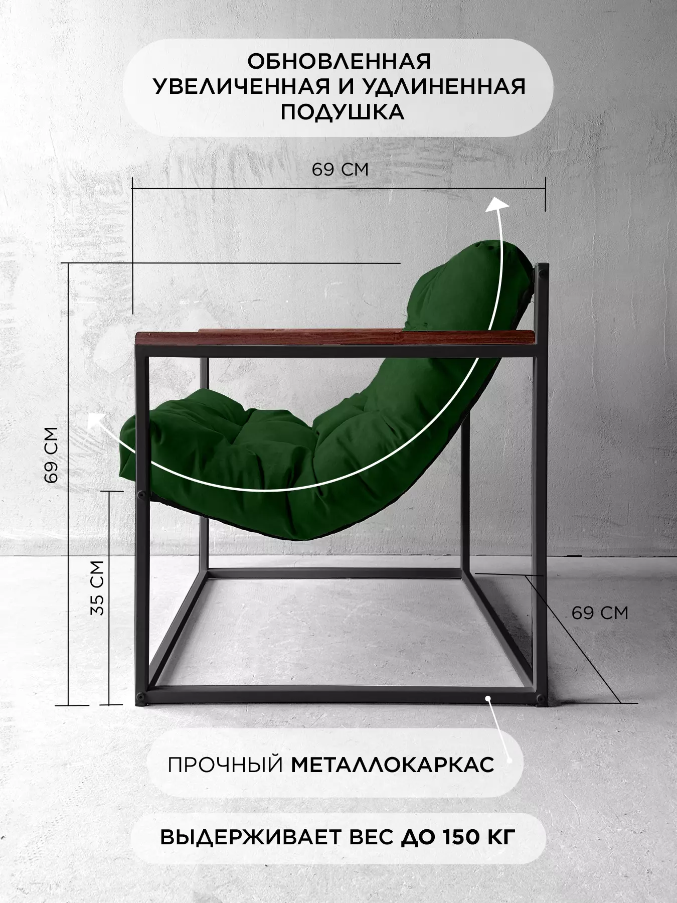 Кресло в стиле лофт Лофтовик комфи ++ зеленый велюр — фото 2